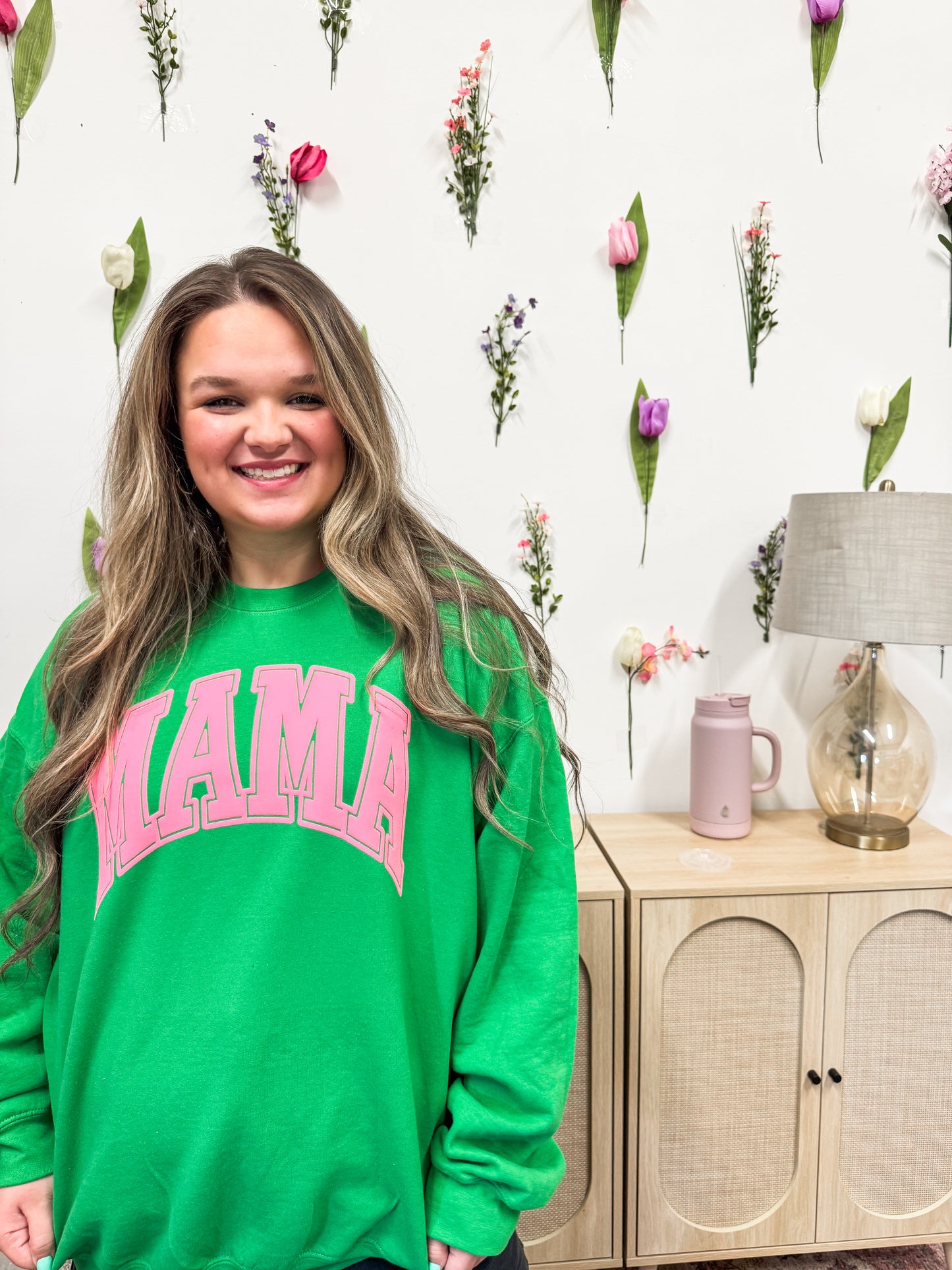 Green and Pink PUFF Mama Crewneck