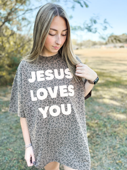 Brown Cheetah Jesus Loves You Puff