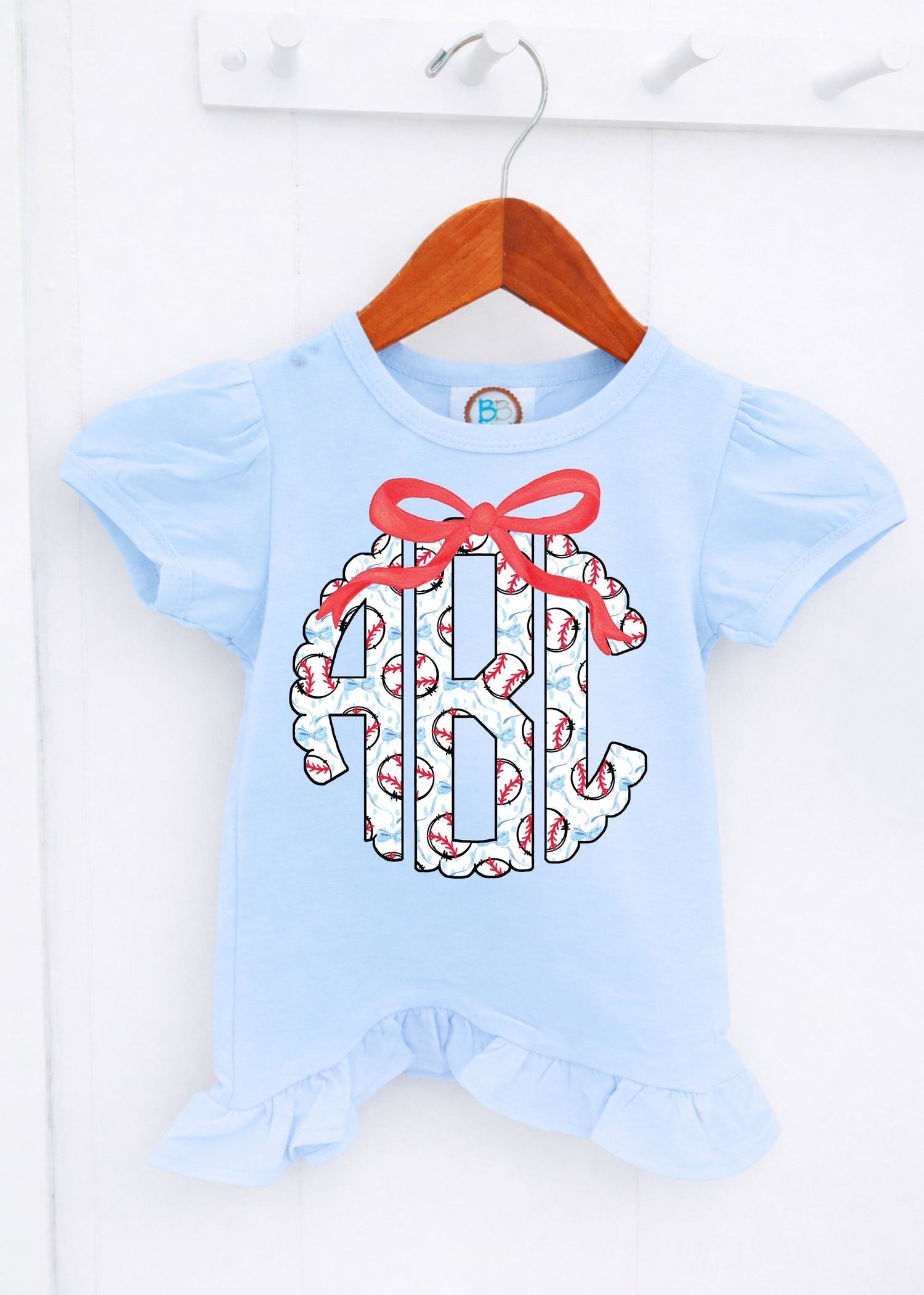 Girls Baseball Monogram with Red Bow on Blue