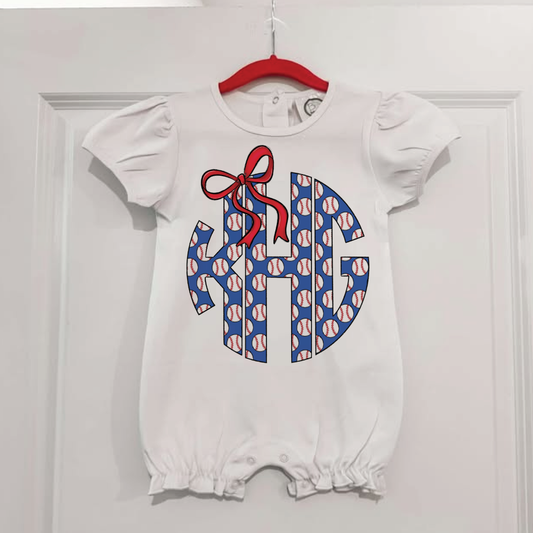 Baseball Monogram with Bow Romper (P)